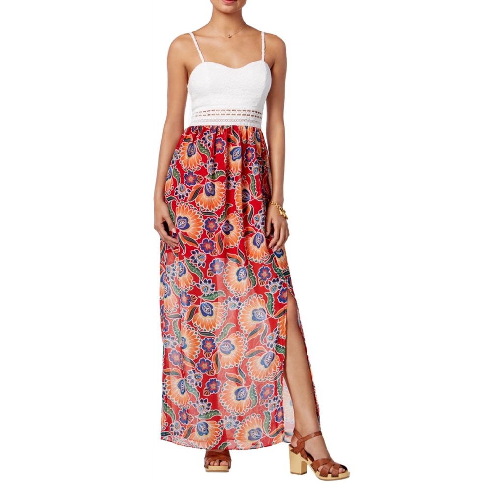 BCX White Red Crochet Cut Out Sweetheart Strappy Floral Maxi Dress Size 3